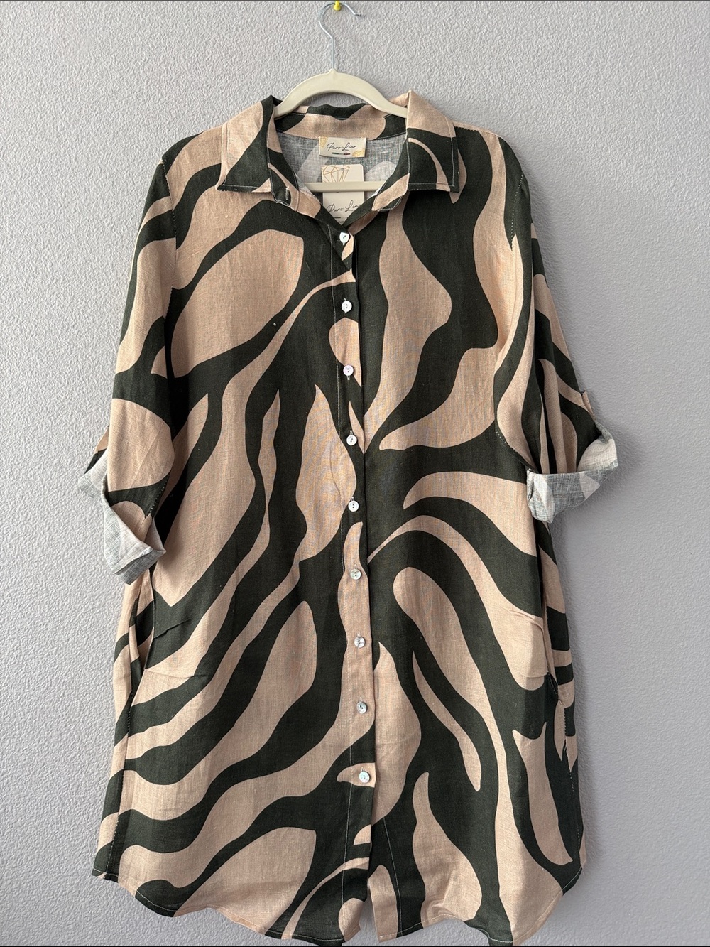 Green & Beige Abstract Print Women’s Linen Shift Button-Down Dress